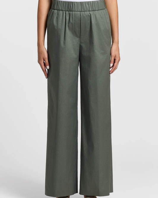 Stretch cotton light satin pants in Eucalyptus Green