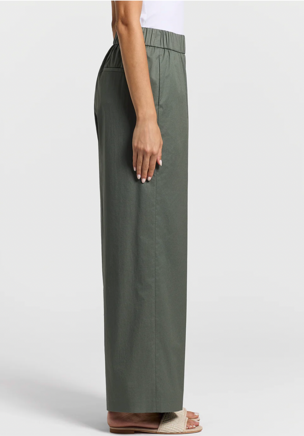 Stretch cotton light satin pants in Eucalyptus Green