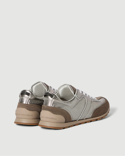 Lamé Calfskin and suede runners with shiny loop in Silver
