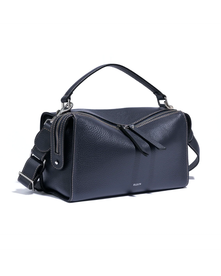 Ruskin Chester slate blue pebbled leather satchel with top handle and crossbody strap