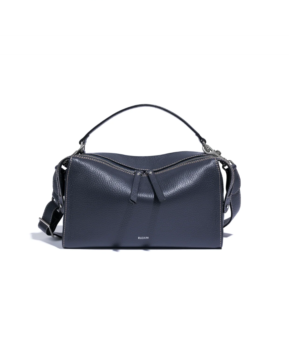 Ruskin England Chester slate blue pebbled leather satchel with top handle and crossbody strap
