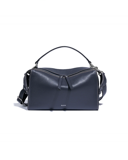 Ruskin England Chester slate blue pebbled leather satchel with top handle and crossbody strap