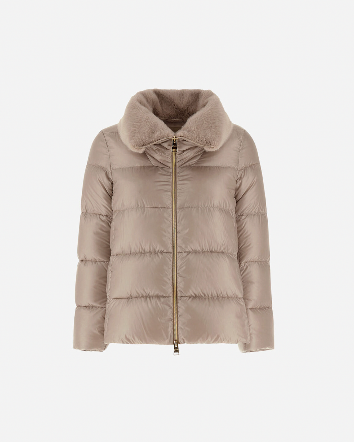 Herno short taupe puffer jacket with faux fur collar and gold zip