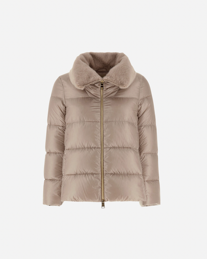 Herno short taupe puffer jacket with faux fur collar and gold zip