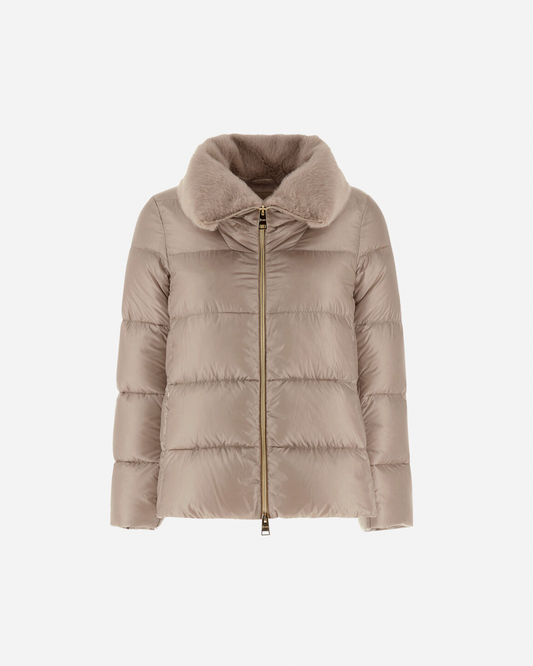Herno short taupe puffer jacket with faux fur collar and gold zip