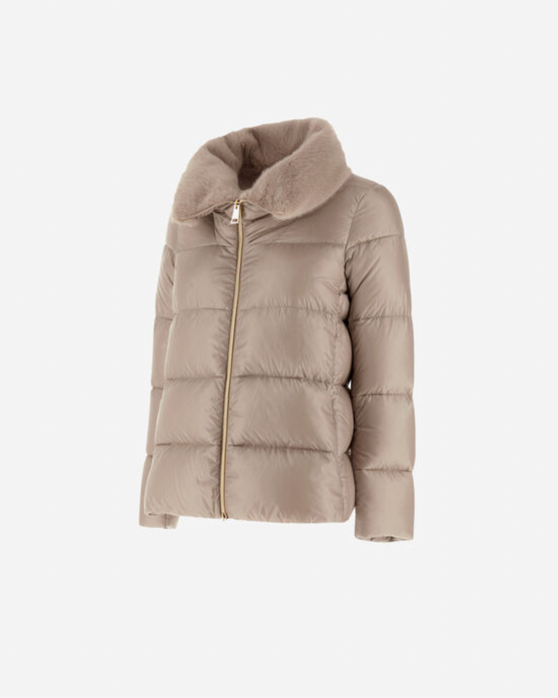 Herno short taupe puffer jacket with faux fur collar and gold-tone zipper