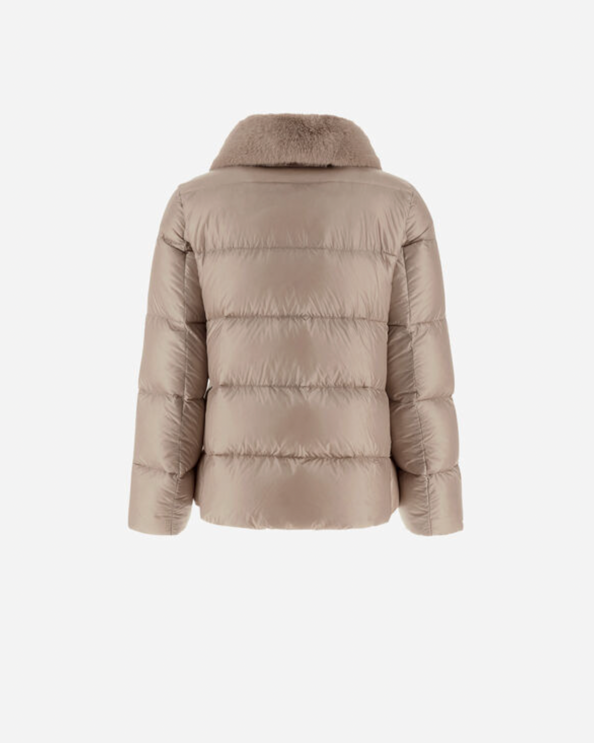 Herno taupe quilted short puffer jacket with faux fur collar, rear view