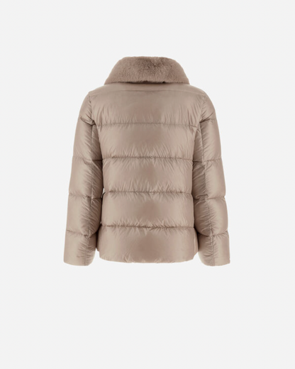 Herno taupe quilted short puffer jacket with faux fur collar, rear view