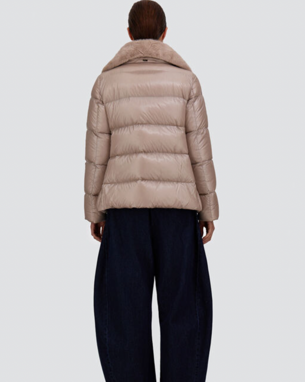 Herno short beige puffer jacket with faux fur collar, back view