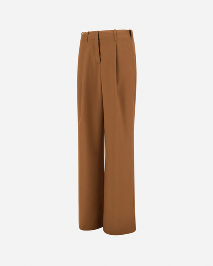 Herno wide-leg camel woolen trousers with front pleats and belt loops
