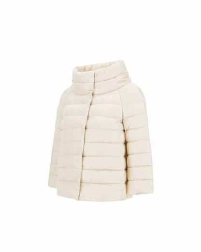 Herno Sofia cream puffer jacket with high collar and horizontal quilted panels