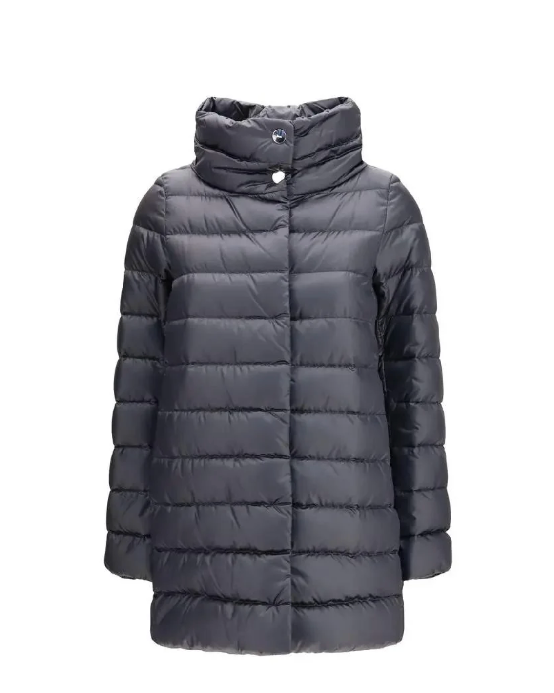 Herno Amelia quilted puffer jacket in dark navy nylon with high collar and snap closure