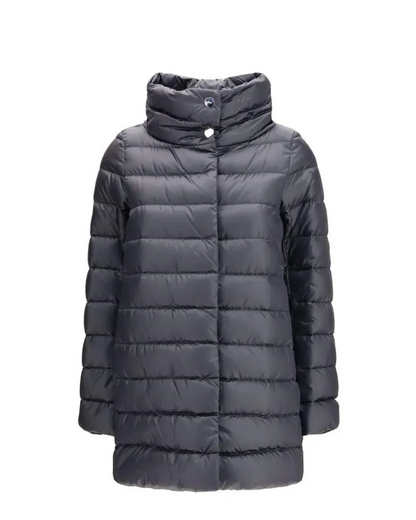 Herno Amelia quilted puffer jacket in dark navy nylon with high collar and snap closure