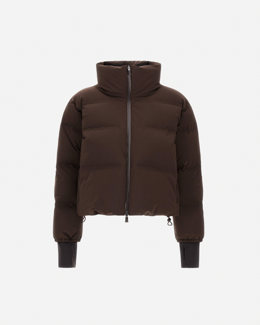 Herno chocolate brown quilted waterproof puffer bomber jacket with high neck zip