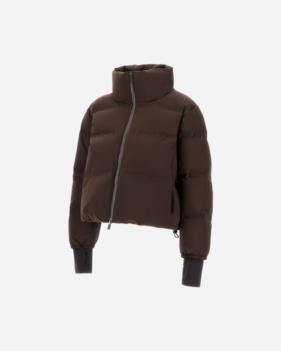 Herno chocolate brown quilted puffer bomber jacket with asymmetric zip and ribbed cuffs
