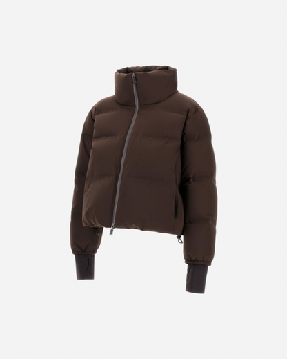 Herno chocolate brown quilted puffer bomber jacket with asymmetric zip and ribbed cuffs