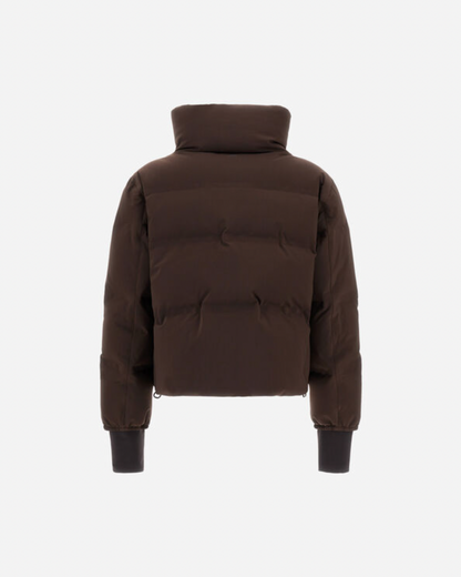 Herno chocolate brown quilted waterproof bomber jacket with high collar, back view