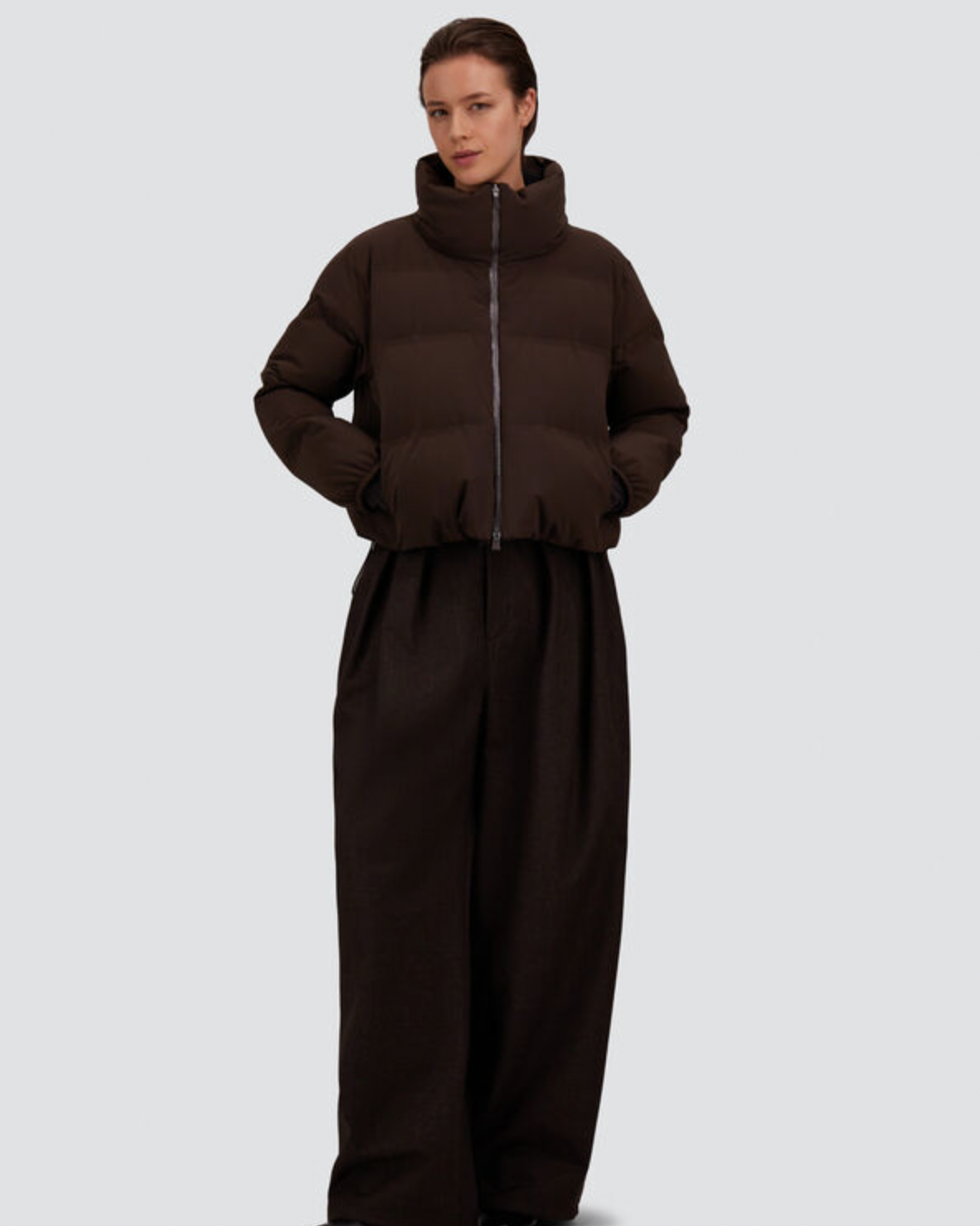 Herno chocolate brown quilted waterproof bomber jacket with high neck zipper closure
