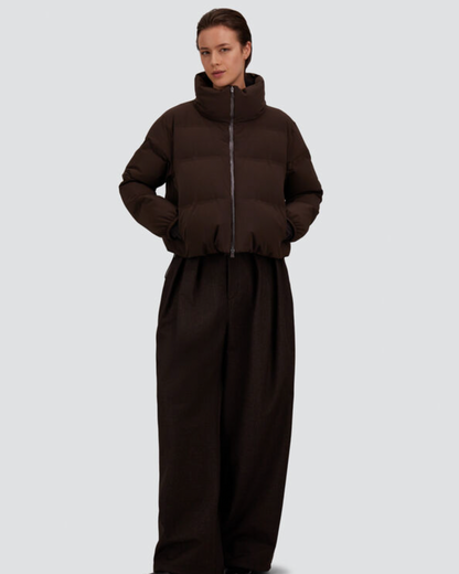 Herno chocolate brown quilted waterproof bomber jacket with high neck zipper closure