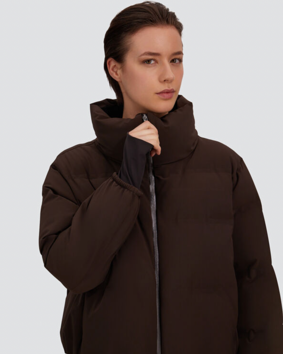 Herno chocolate brown quilted waterproof bomber jacket with high zip collar