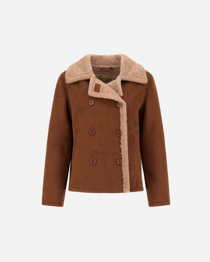 Herno brown double-breasted shearling-effect pea coat with cream sherpa collar