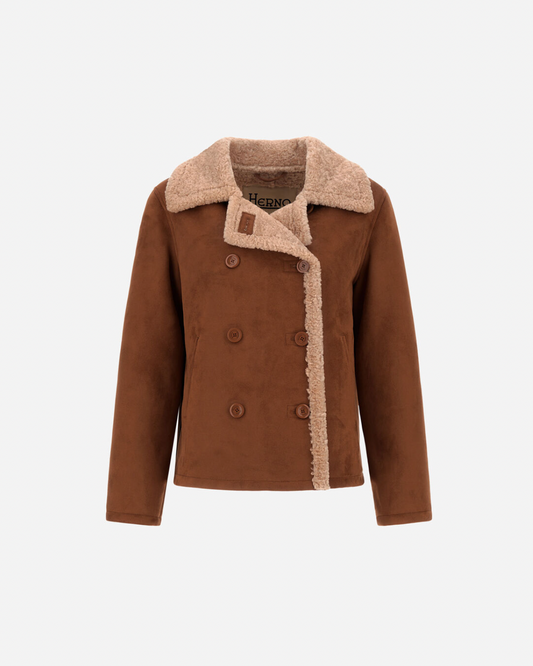 Herno brown double-breasted shearling-effect pea coat with cream sherpa collar