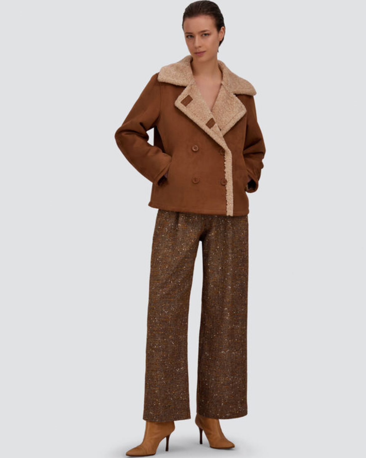 Herno brown double-breasted shearling pea coat with cream fleece lapel collar