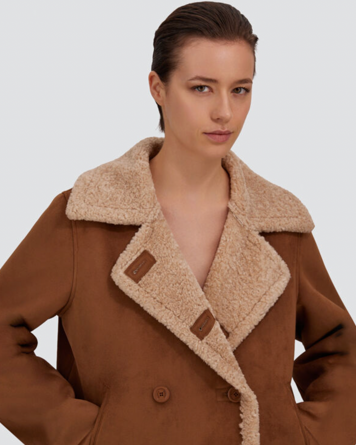 Herno brown shearling-effect pea coat with cream teddy fur lapels and buttons