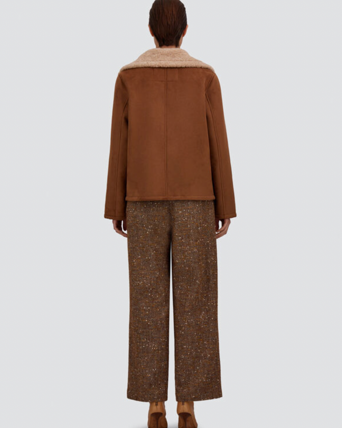 Herno brown shearling-effect pea coat with cream collar, back view