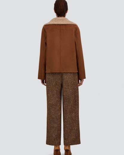Herno brown shearling-effect pea coat with cream collar, back view