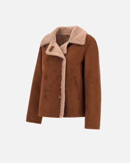 Herno brown shearling-effect pea coat with cream teddy collar and double-breasted buttons
