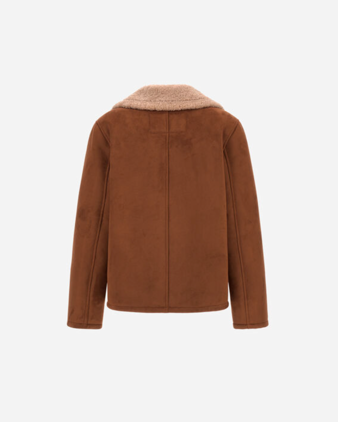 Herno brown shearling-effect pea coat with cream teddy fur collar, back view