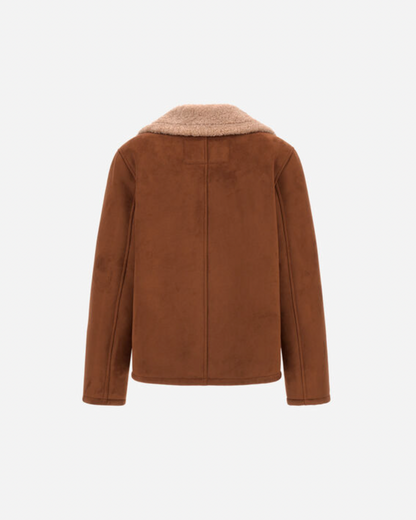 Herno brown shearling-effect pea coat with cream teddy fur collar, back view