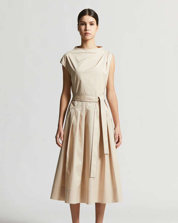Light Stretch Cotton Satin Dress in Amber Beige