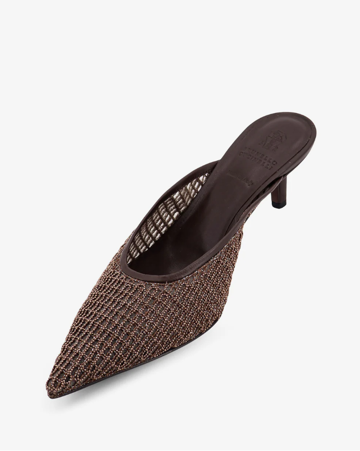 3D Monili Mesh Embroidery 55MM Pointed Toe Mules in Brown Rose Gold