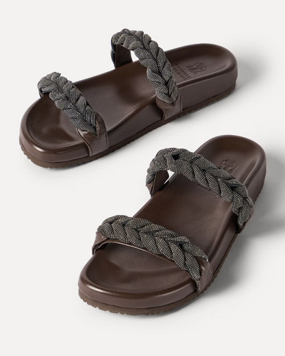 Braided Monilo Cushioned Leather Sandals in Dark Brown