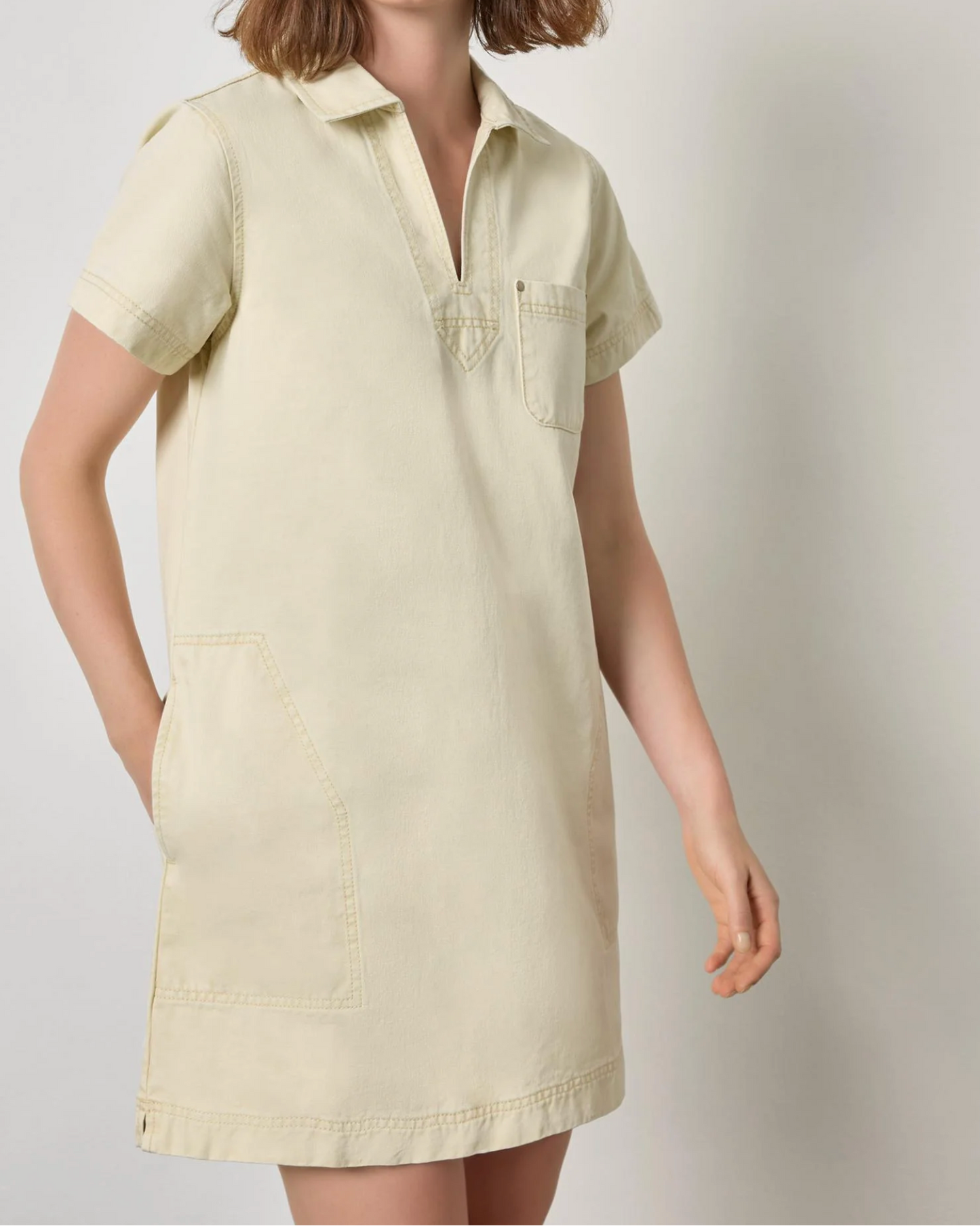 Twill Split Neck Collared Dress in Parchment