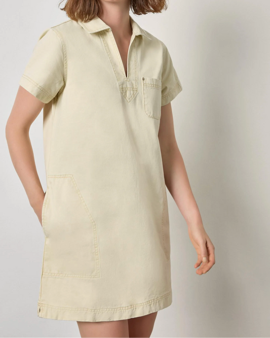 Twill Split Neck Collared Dress in Parchment