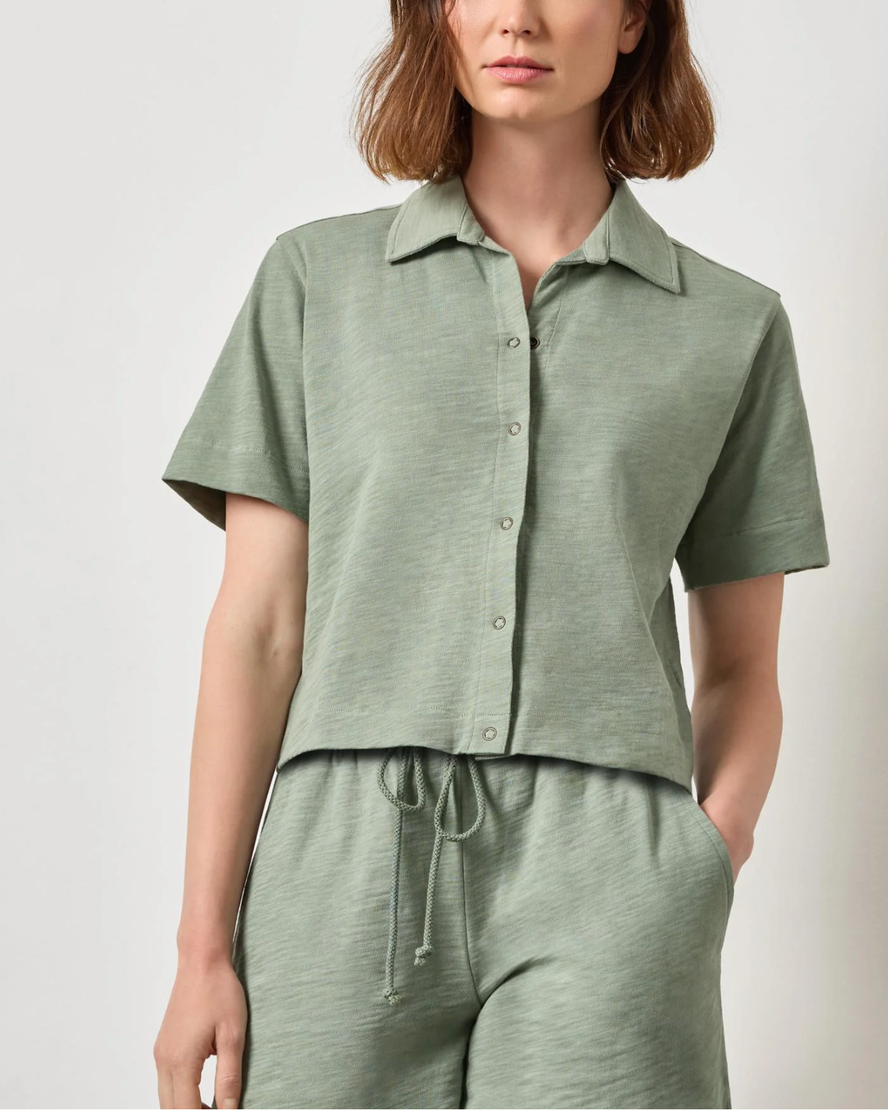 Short Sleeve Button Down Tee in Sage