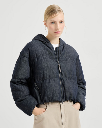 No Fade Indigo Puffer Jacket in Blue Denim