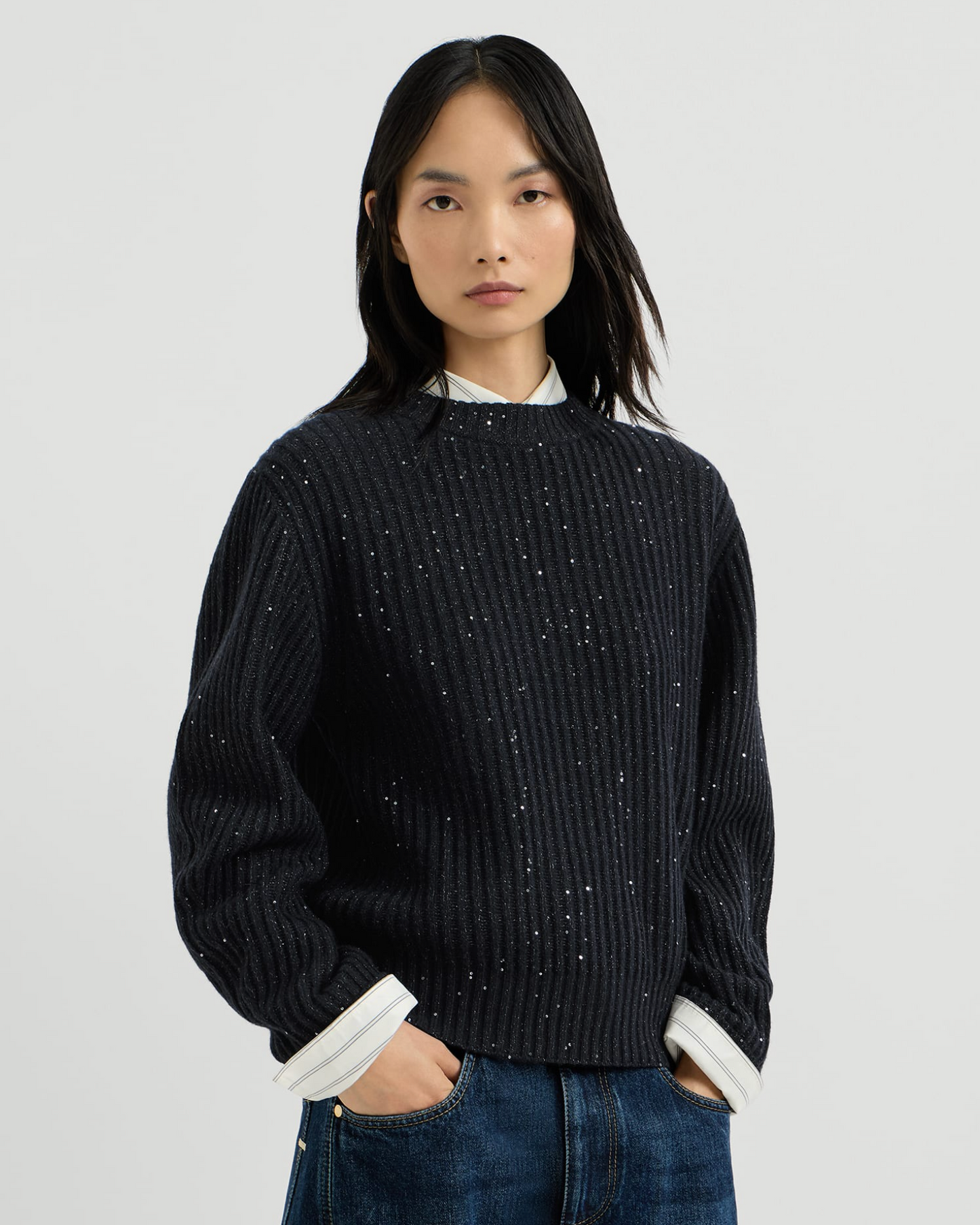 Brunello Cucinelli navy ribbed cable knit sweater with subtle sequin detail, long sleeves