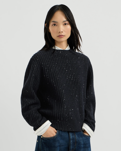 Brunello Cucinelli navy ribbed cable knit sweater with subtle sequin detail, long sleeves