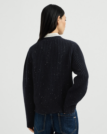 Brunello Cucinelli navy ribbed cable knit sweater with sequin details, back view