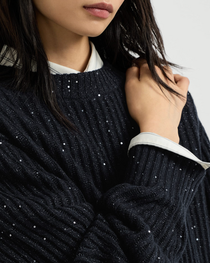 Brunello Cucinelli navy cable-knit sweater with scattered silver sequin embellishments