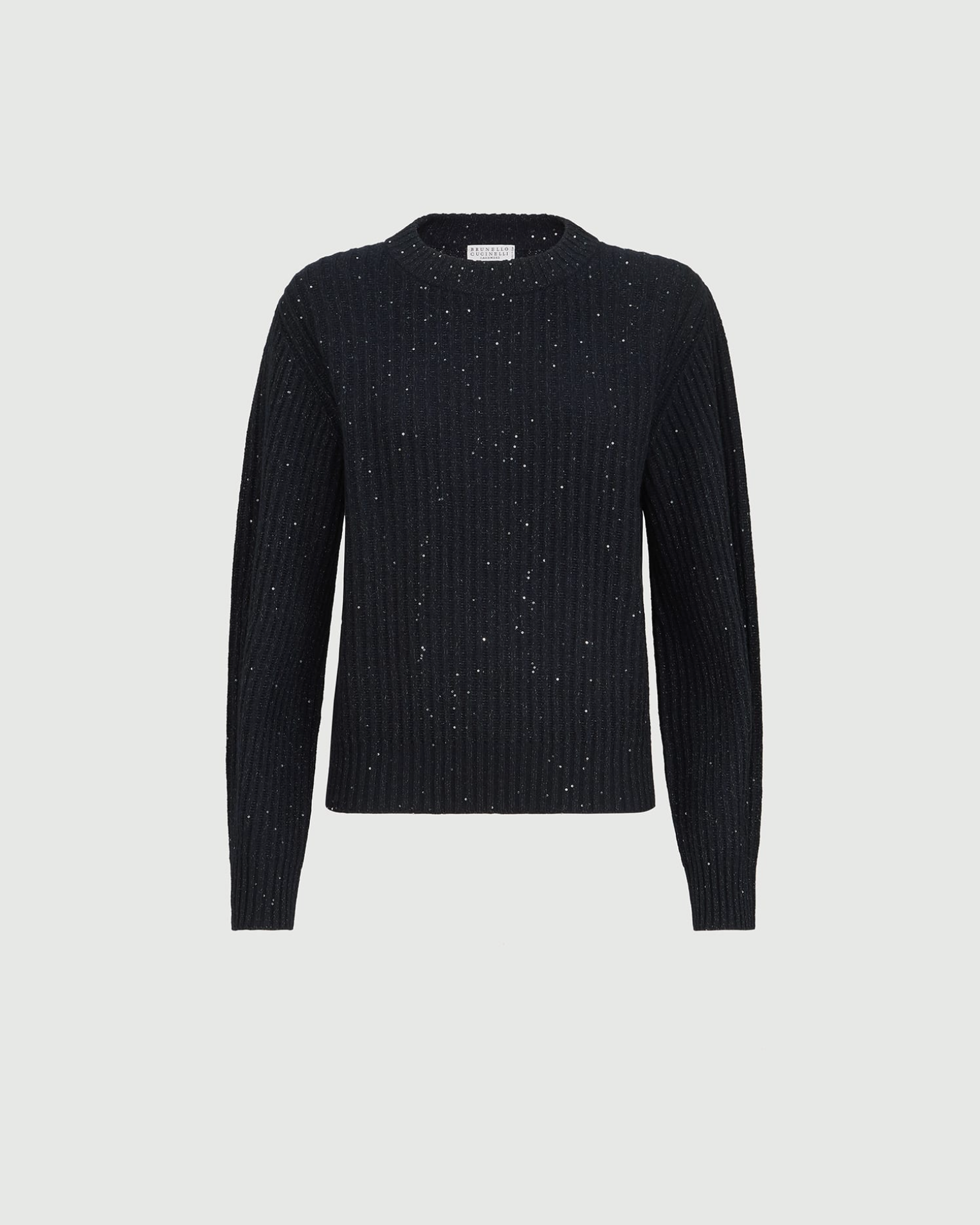 Brunello Cucinelli navy ribbed knit sweater with sequin speckle detail and crew neck