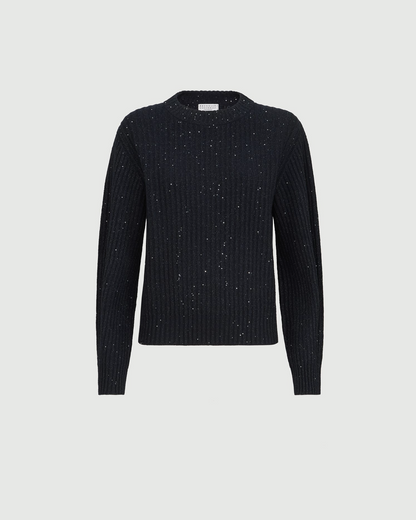 Brunello Cucinelli navy ribbed knit sweater with sequin speckle detail and crew neck