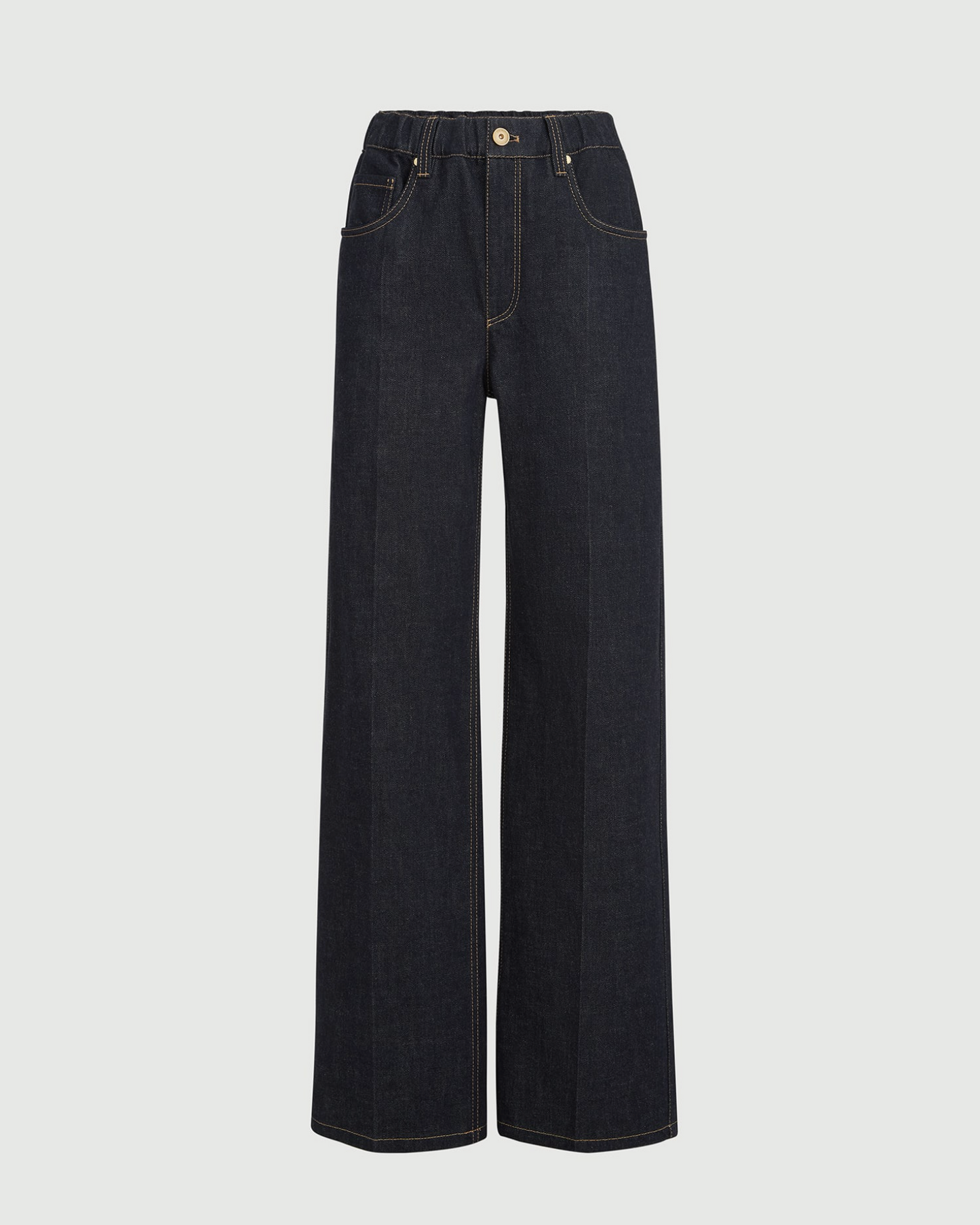 Brunello Cucinelli dark indigo wide-leg denim trousers with gold-tone button and contrast stitching
