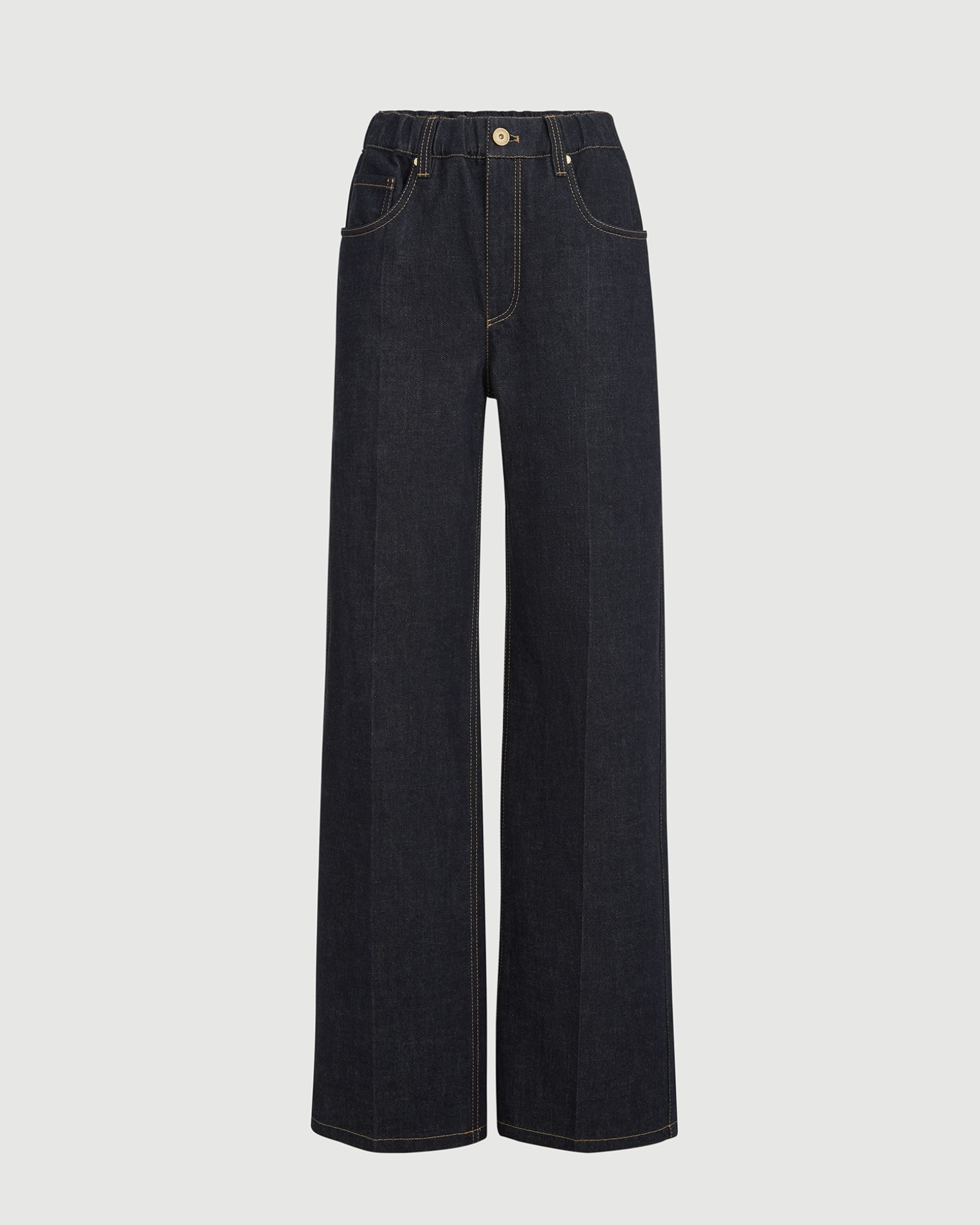Brunello Cucinelli dark indigo wide-leg denim trousers with gold-tone button and contrast stitching