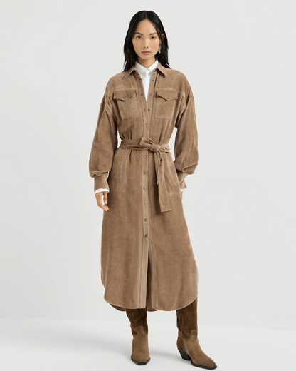 Brunello Cucinelli cappuccino corduroy midi shirt dress with belt and snap buttons