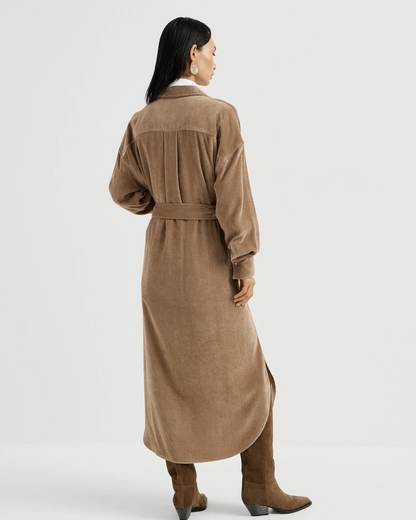 Brunello Cucinelli cappuccino corduroy midi shirt dress with belt, back view